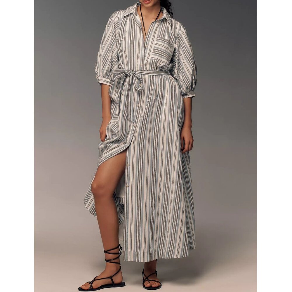 Anthropologie Maeve The Mona Tie-Waist Shirt Dress Linen Edition Blue Stripe XS